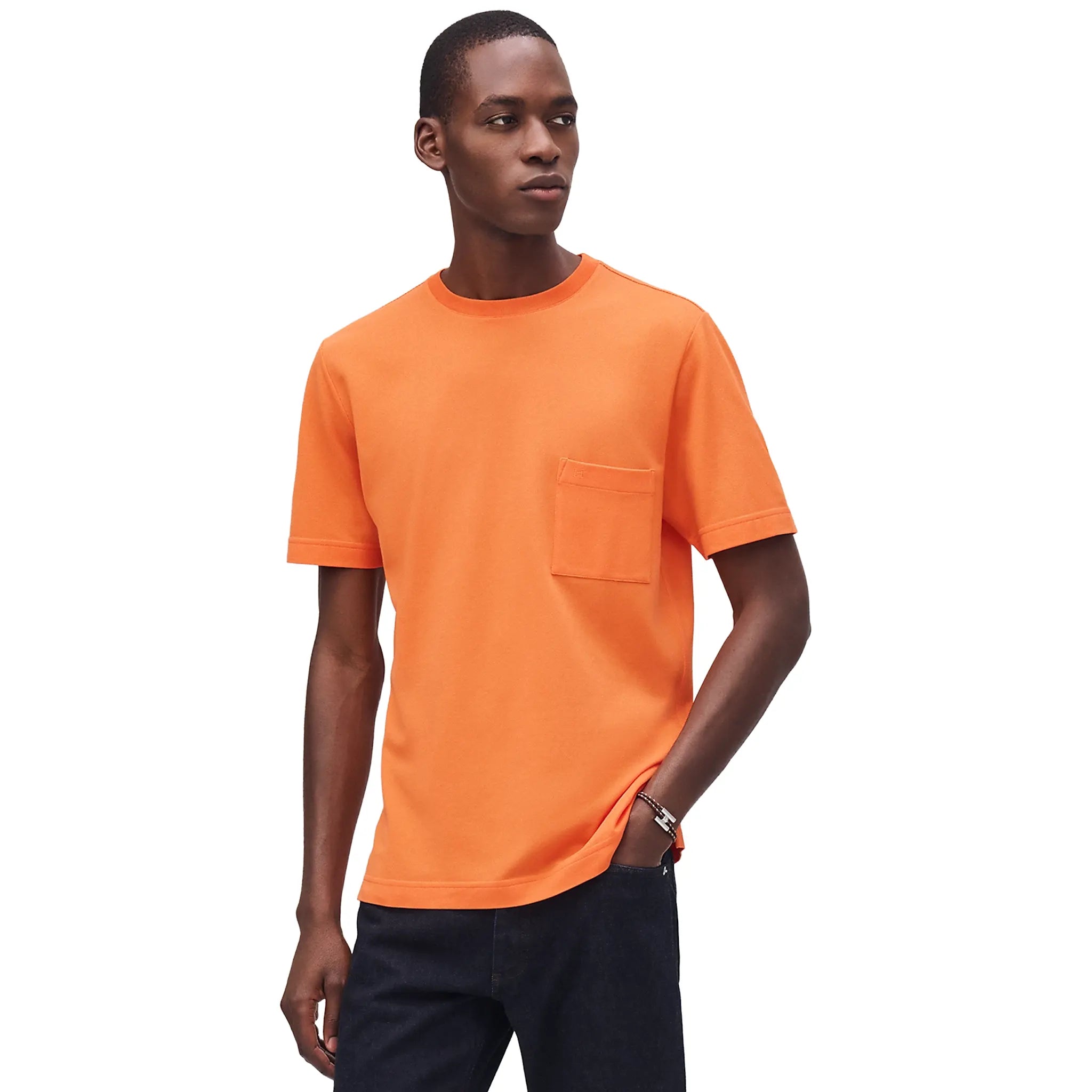 Front View of Hermès Paris Embroidered Orange T Shirt H072025HA30